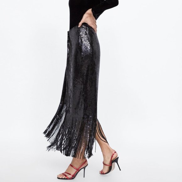 ๐ฅSHOWSTOPPER๐ฅZARA Black Sequin Wrap Fringe Hem Ankle Length Skirt - Picture 3 of 16